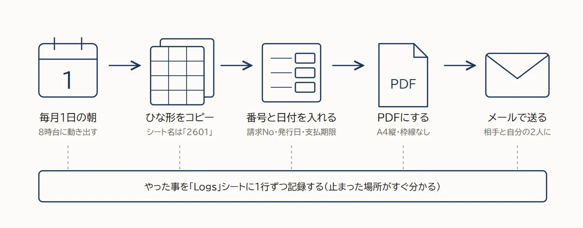 毎月1日の朝に動き、ひな形のコピー、番号と日付の入力、PDF化、メール送信までを行い、各手順をLogsシートに記録する流れの図